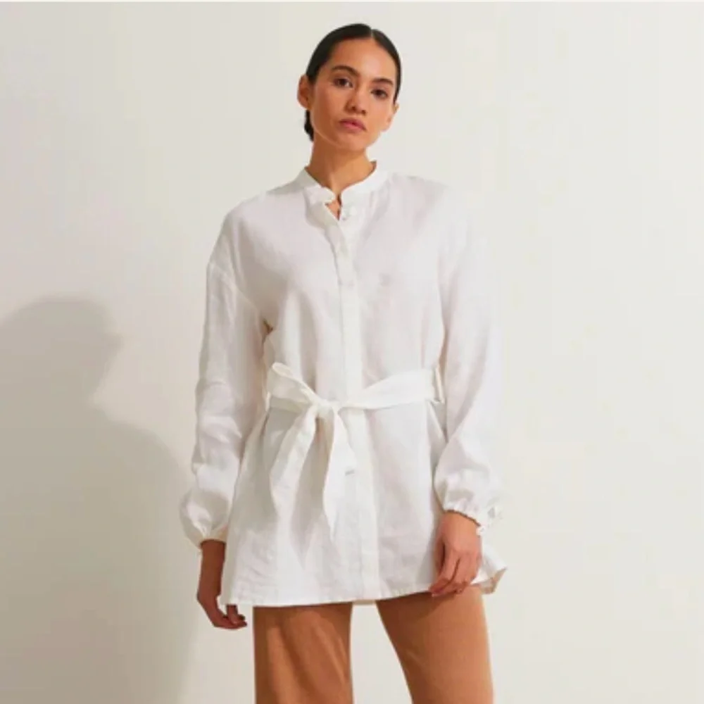 CULTIVER 100% Linen Cristi Long Sleeve Tunic Button Down Shirt w/ Belt White XS - Picture 3 of 15